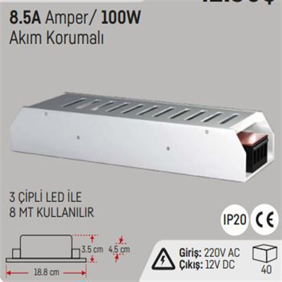 8.5A.100W.SLİM KASA İÇ MEKAN LED TRAFOSU 12V. 1
